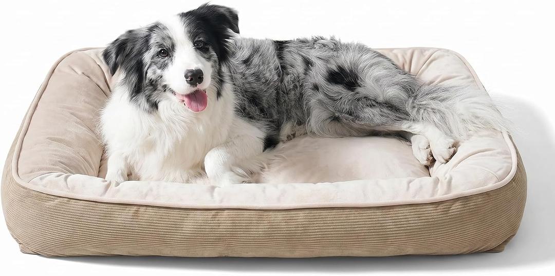 FAIRYPET Deluxe Plush Dog Beds for Medium to Large Dogs, 3D Crimped Siliconized Hollow Fiber Fill，Soft Breathable，Washable Dog Bed, Plush Faux Fur & Corduroy,Durable Pet Bed with Anti-Slip Bottom,  36"l x 27"w x 6"th