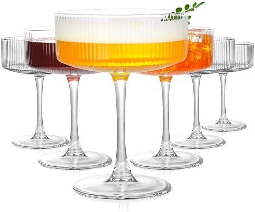 Amyoole Vintage Ribbed Coupe Glasses Set of 6-11oz Clear 100% Crystal Martini Glasses Elegant Cocktail Glasses, Transparent Glassware for Champagne, Margaritas, Espresso with a Rose Ice Mold, Size: 11oz（6Pack)