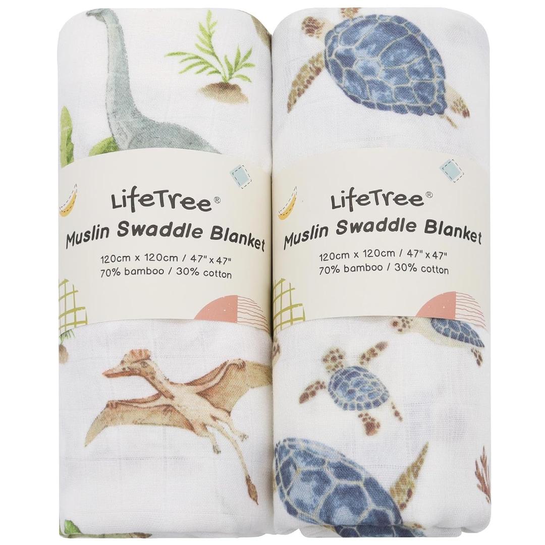 LifeTree Muslin Swaddle Blankets, Baby Swaddling Wrap Nursery Blanket for Boys & Girls, Soft 70% Viscose from Bamboo and 30% Cotton, Large 47 x 47 inches, Sea Turtle & Dinosaur