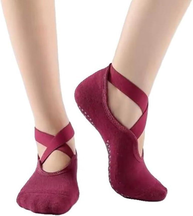 Non-Slip Yoga Socks for Women, Cotton Blend Ballet Style Grip Socks, Cushioned Padding for Pilates and Dance (Medium, 2 Pairs Black/ 2 Pairs Red)