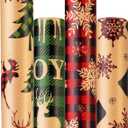 Christmas Wrapping Paper (4 Rolls: 93 sq. ft. ttl) - Red/Green and Black Plaid Grid Patterns, Stockings Snowflakes Pine Tree and Reindeer - Holiday Kraft Gift Paper 17 inches x 16.5 feet Per Roll