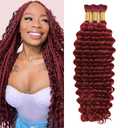 99J Human Braiding Hair for Boho Braids 150g 24 inch Burgundy Curly Boho Hair for Braiding Knotless 10A Deep Wave Bulk Bohemian 3 Bundles