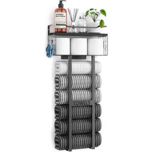Aetyord Towel Racks for Bathroom 31inch Wall Mounted Towel Rack,Floating Shelf with Wood Plank,Towel Storage for Bathroom can Holds 6 Large Rolled Towels,All Black