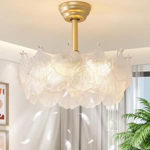 20'' Fandelier Ceiling Fans with Lights, Gold Caged Ceiling Fan with Remote Low Profile, 6 Speed and Gingko Leaf, Modern Semi Flush Mount Ceiling Fan for Bedroom, Living Room, Nursery