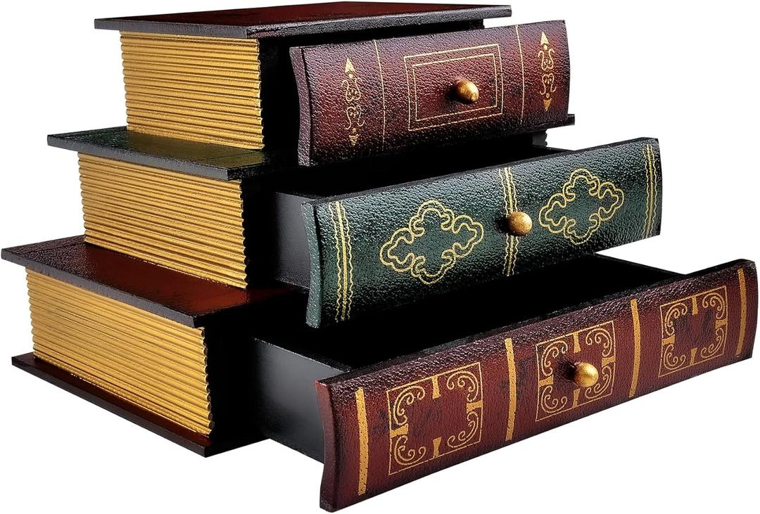 POWER UNICO FLOWER Vintage Decorative Organizer Wooden False Book Storage Box Jewelry Box with Three-layer Drawers (312)