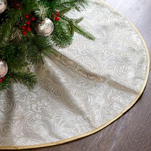 Christmas Tree Skirt: 36 Inch White Gold Luxury Velvet Plush Fur Christmas Tree Skirts with Embossed Floral Pattern, Vintage Royal Xmas Tree Holiday Decorations for Christmas Home Decor