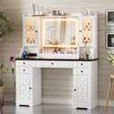 PAKASEPT Large Vanity Desk with Mirror and Lights,Makeup Vanity with 3 Lighting Modes& Charging Station, 5 Drawers, 4 Cabinets, Farmhouse Vanity for Women, Girls (White&glass Desktop)