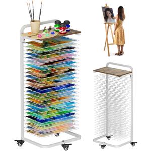 mocomax Art Drying Rack for Painting, Metal Paint Drying Stand, Movable Paint Drying Rack with Lockable Wheels, Art Canvas Storage Rack for Classroom & Art Studio, 25 Removable Shelves with Top, White, 25 Shelf