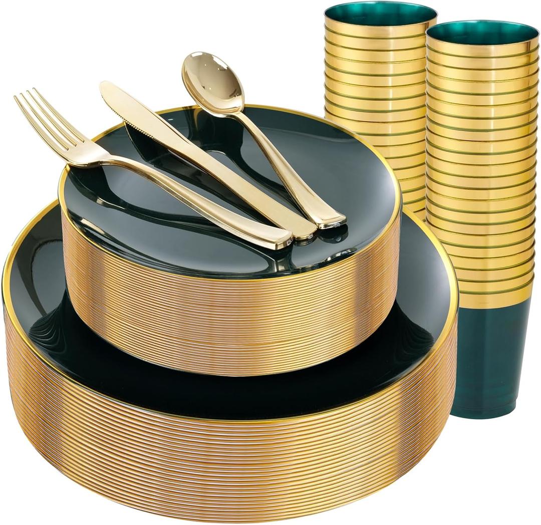 LIYH 180 Pcs Green and Gold Plastic Plates - Green Plastic Dinnerware sets, Disposable Dinner Dessert Plates, Gold Plastic Silverware Cups for Holiday, Party