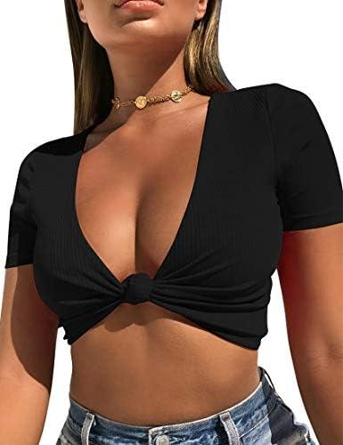 Mizoci Women's Sexy Knot Front Crop Top Deep V Neck Short Sleeve Basic Casual T Shirt XS