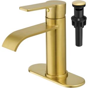 VOTON Waterfall Bathroom Faucet Brushed Gold, Single Handle 1 or 3 Hole Modern Sink Faucet with Deck Plate & Pop-Up Drain, RV Camper Vanity Washbasin Tap VOTON Waterfall Bathroom Faucet Brushed Gold, Single Handle 1 or 3 Hole Modern Sink Faucet with Deck Plate & Pop-Up Drain, RV Camper Vanity Washbasin Tap