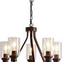 Farmhouse Chandelier Lighting Round 5 Lights Oil Rubbed Bronze with Glass Shade Ceiling Hanging Vintage Rustic Light Fixture for Dining Room Living Room Foyer Porch Kitchen Island