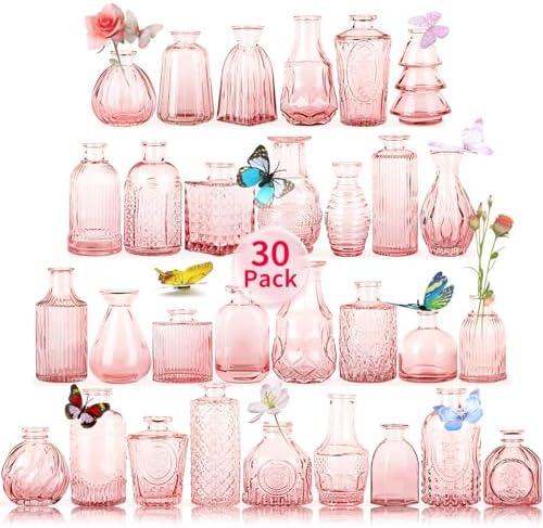 Glass Bud Vases in Bulk Set of 29 Pcs,Small Glass Vases for Flowers as Wedding Centerpieces for Tables,Clear Flower Vases Suitble for Wedding Decorations,Home Decor (Light Pink, 30 pcs)