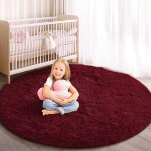 Round Rug for Bedroom, 5x5 Fluffy Soft Circle Area Rugs for Kids Girls Nursery Room, Washable Plush Shaggy Indoor Floor Bedside Living Room Circular Carpet, Home Decor Aesthetic, Burgundy