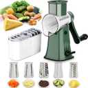 Manual Rotary Cheese Grater Grinder- 5 Interchangeable Blades Round Mandoline Vegetable Slicer Drum Shredder Nut Chopper with Strong Suction Base (Green)
