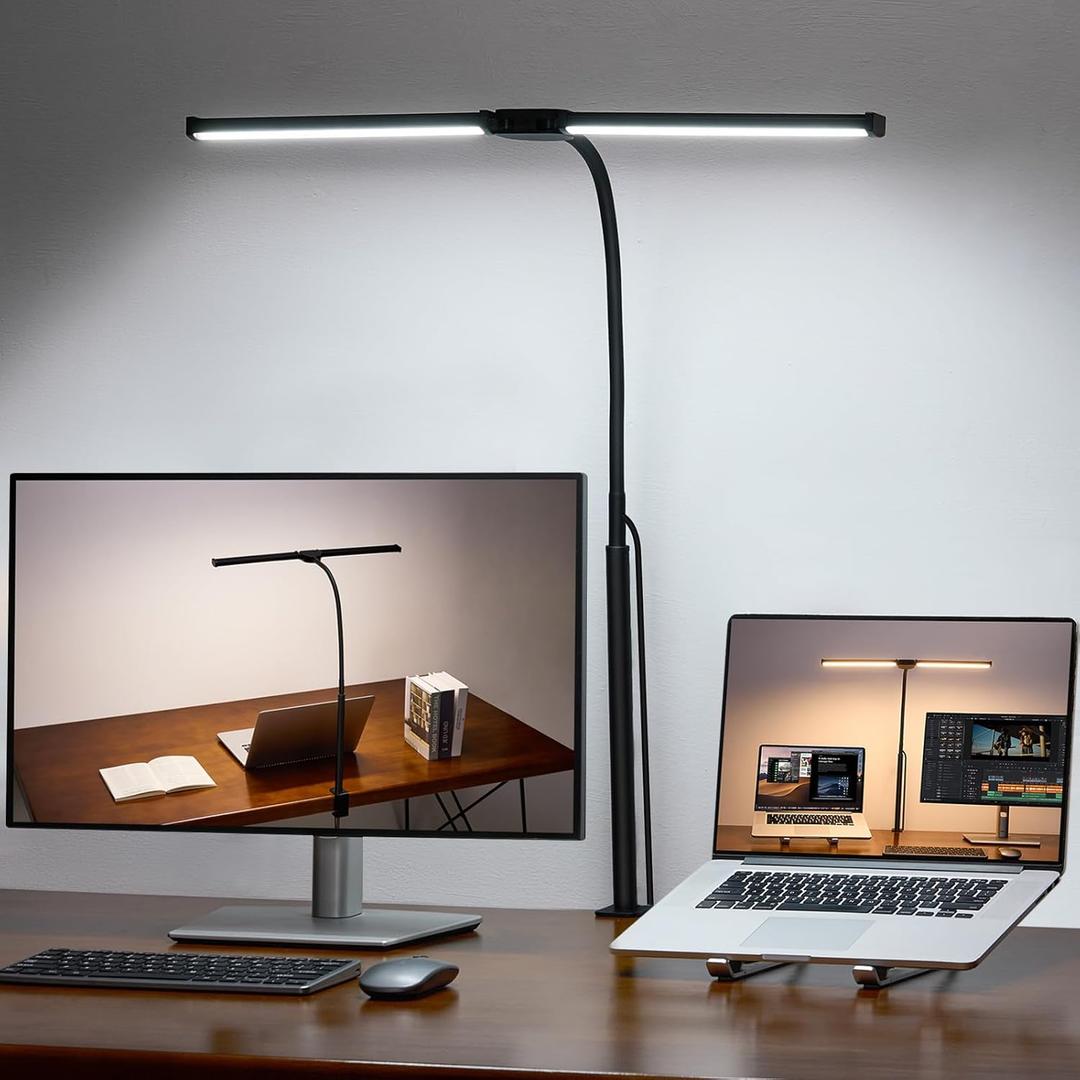 Voncerus LED Desk Lamp for Home Office, Double Head Architect Light with Clamp, Computer Monitor Clip on Light, 3 Modes and 10 Brightness, Adjustable Flexible Goose-Neck, Table Task Lamp, Black