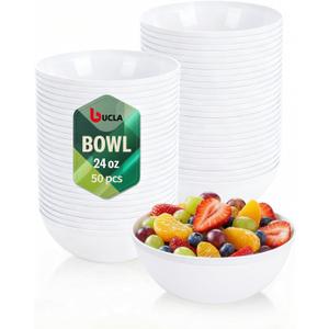 bUCLA 50 Pack White Plastic Serving Bowls - 24oz Disposable Bowls for Salad, Cereal, Dessert, Fruit & Chip - Ideal for Wedding & Party