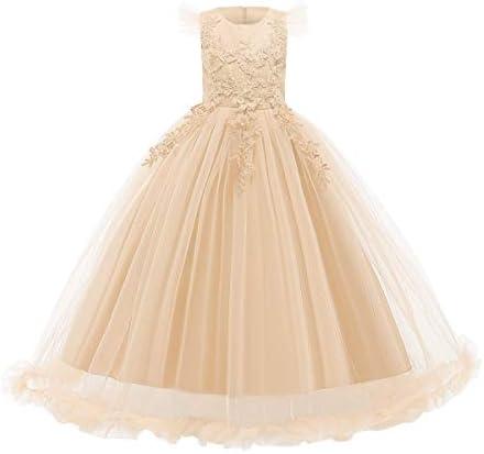 Girls Lace Pageant Party Dress Wedding Flower Girl Maxi Gowns Flower A Line Birthday Dance Evening Tulle Floor Length Skirt Champagne 7-8 Years