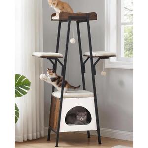 46-Inch Modern Cat Tree Tower for Large Cats, Multi-Level Cat Tower with Playful Toy Balls, Large Perch, Cat Condo, Removable Pads, White