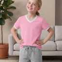 Poroka Girls Short Sleeve Shirt V-Neck Tee with Ribbed Trim Plain T-Shirts Soft Fashion Summer Tops for Girls, 7-14 Years
