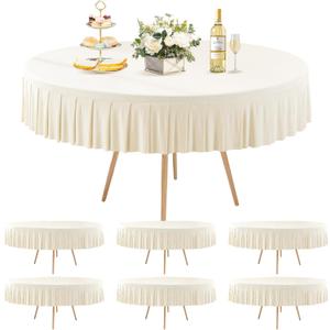 Ivory Spandex Round Tablecloths - 6 Pack, Fitted 5FT, Wrinkle Free Table Cover with Skirt for Wedding Party Dining Banquet, Ivory 