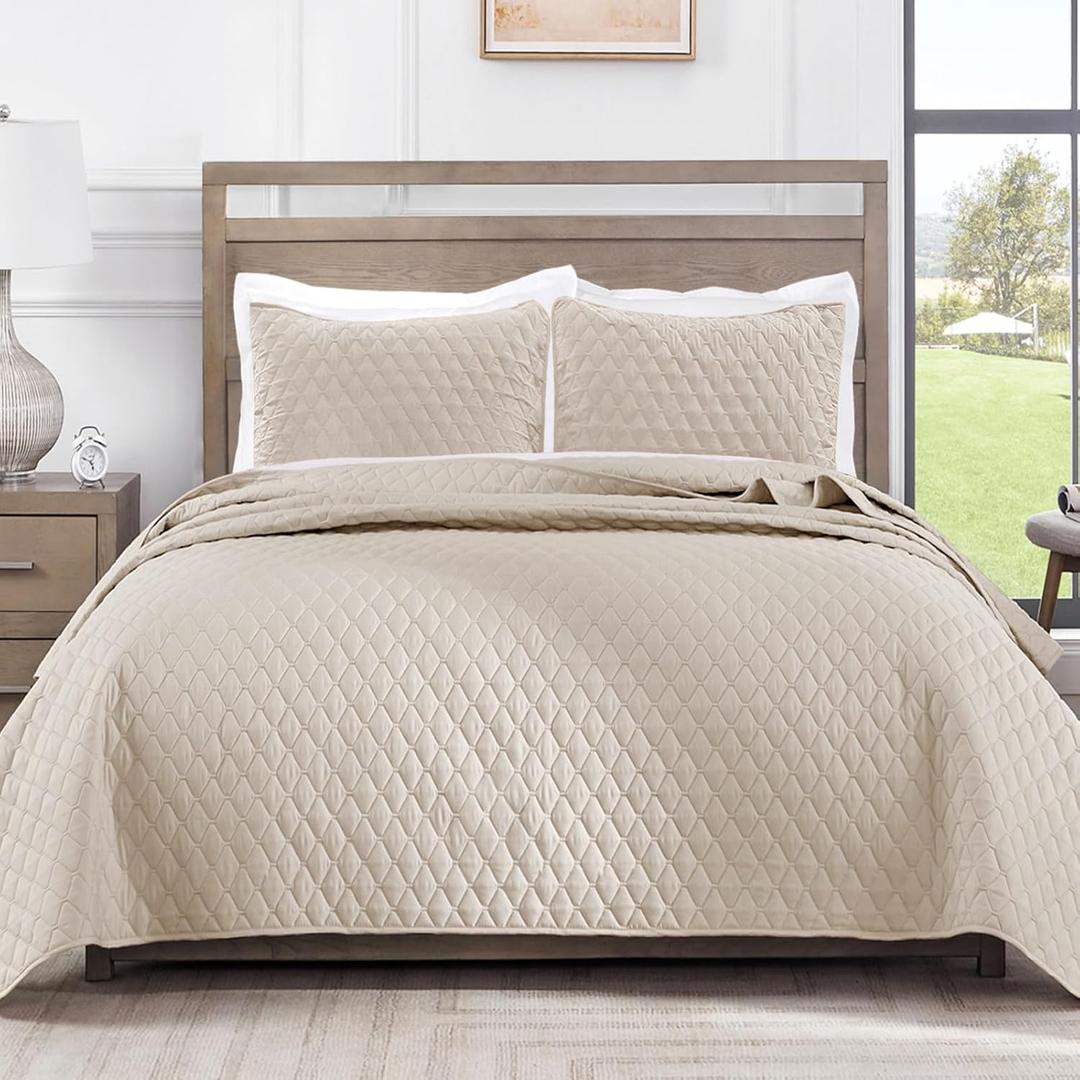 Exclusivo Mezcla Reversible King Size Quilt Bedding Set with Pillow Shams, Lightweight Quilts King Size, Soft Bedspreads Bed Coverlets for All Seasons - (Brich Beige, 104"x96")