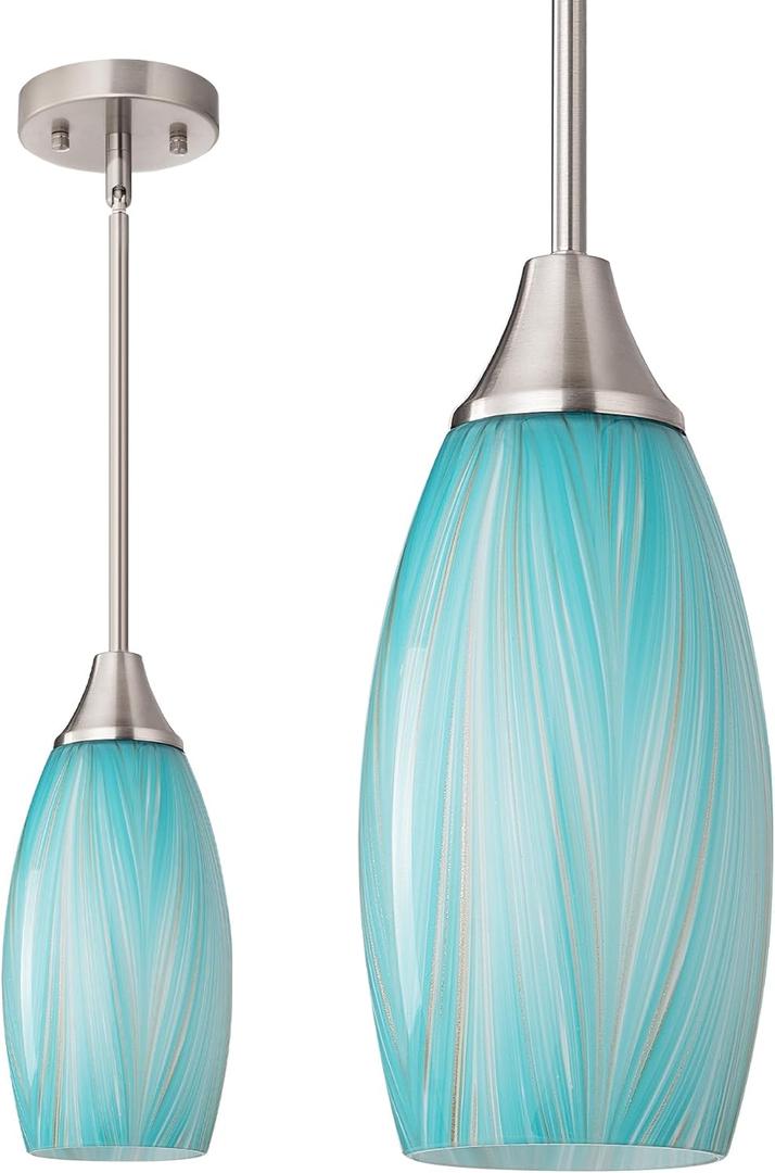 EDISHINE Pendant Lights Kitchen Island, Blue Handcrafted Art Glass, Blown Glass Pendant with 5.12 Dia x 11.40 H Shade, Teal with Gold, Adjustable Brushed Nickel Rods, Hardwired Over Island Bar, E26