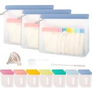 Protein Powder Travel Container Set,Reusable Powder Supplement Container To Go,21Pcs Single Dose Bags & 3Pcs Large Zip Bags,Portable Travel Containers with Funnel,Spoon (24 PACK)