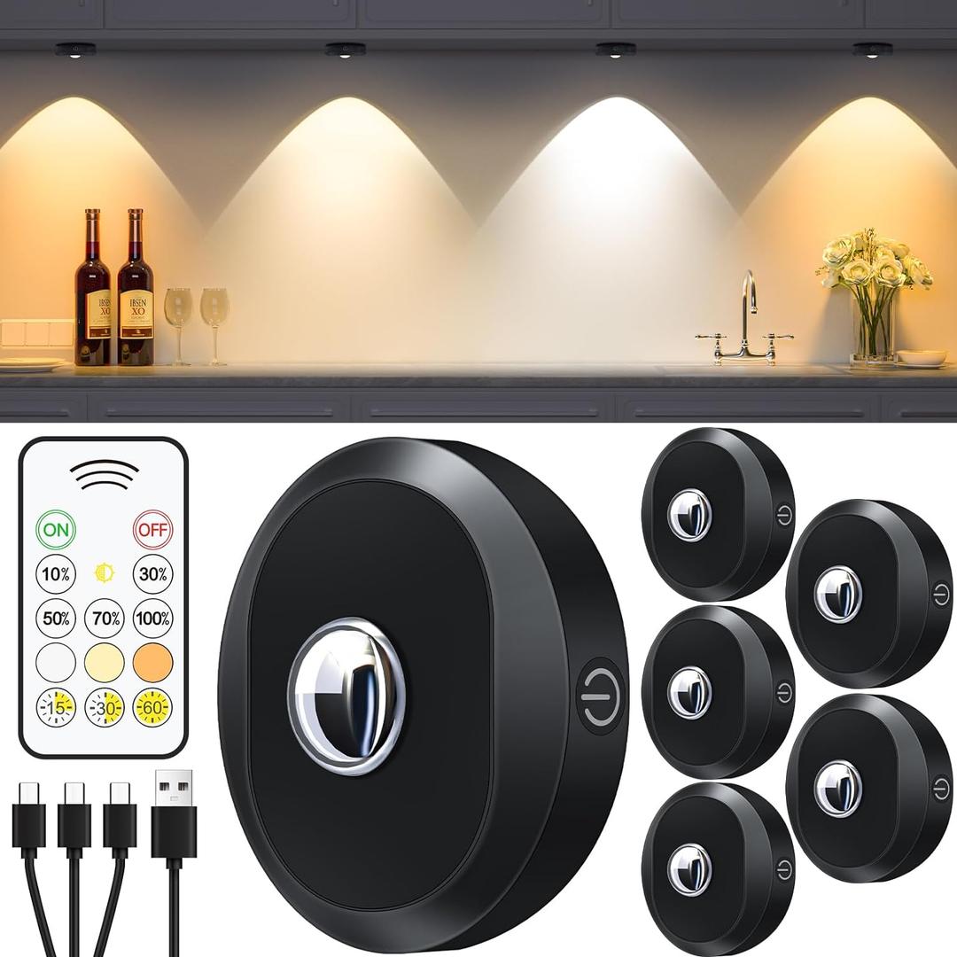 WILLED Puck Lights with Remote Control, Rechargeable Under Cabinet Lights, 1200mAh Battery Operated Tap Lights, Dimmable Push Lighting, Wireless Closet Light, LED USB Stick On Light (6 Pack) (Warm White - Cool White, Black)