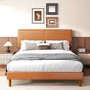 Queen Upholstered Platform Bed Frame with Headboard, Faux Leather Modern Bed Frame with Wood Slat Support, No Box Spring Needed, Easy Assembly, Orange-Brown