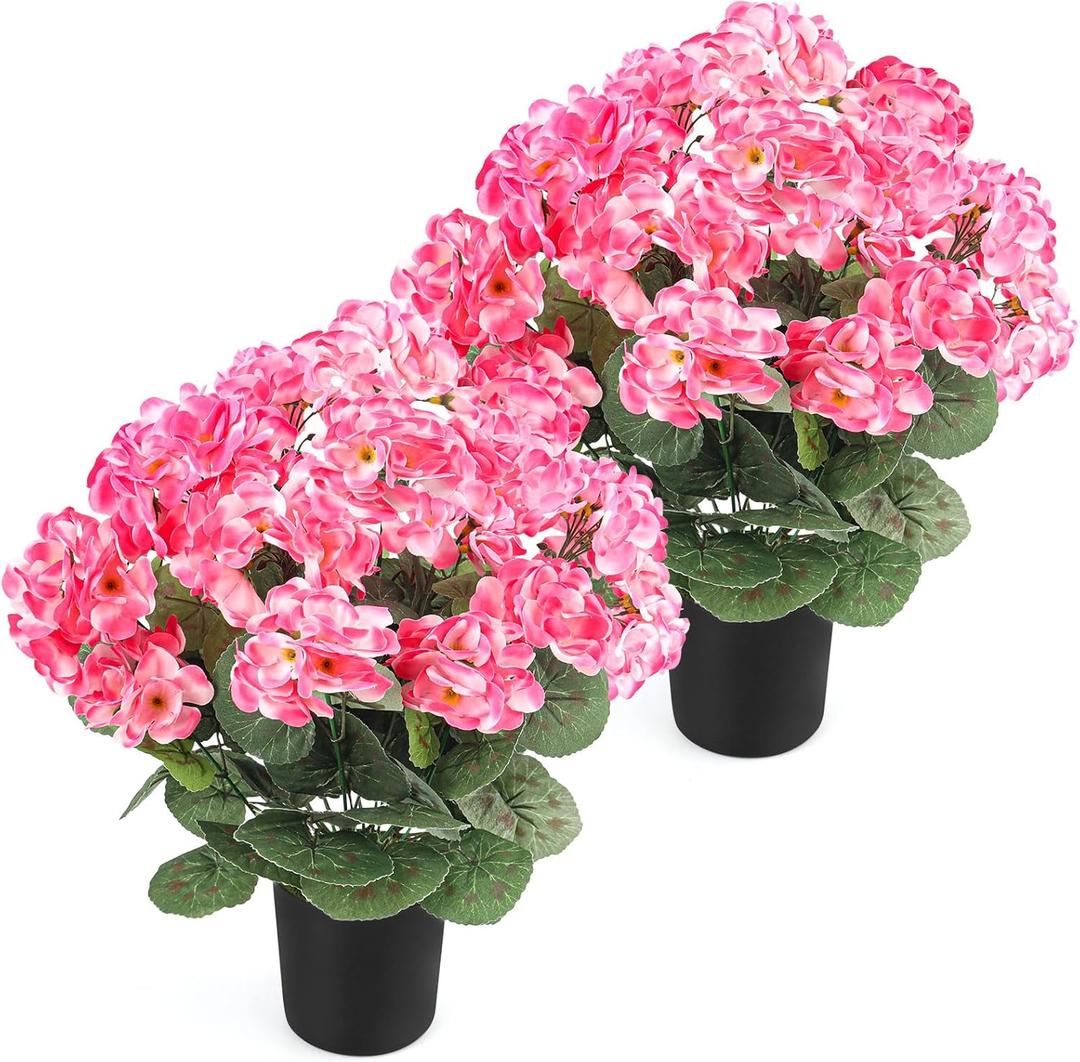 2Pcs Geranium Potted Artificial Flowers in Pots, Faux Outdoor Plants Realistic Geranium, Decorative Fake Potted Plants for Patio Garden Home Decoration, UV Resistant Artificial Flowers 16"Tall (Pink)