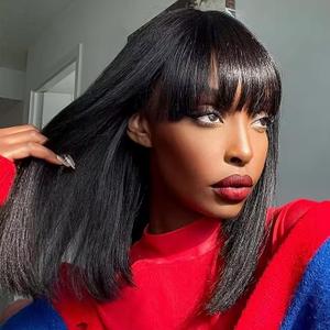 Bob Wig Human Hair With Bangs Glueless 2x4 HD Lace Colsure Wigs, Ready to Go Short Wigs For Women Beginner Friendly (Natural Black, 14 inch)