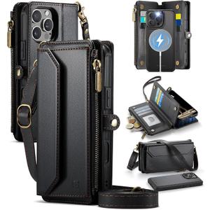 Strapurs for iPhone 15 Pro Max Detachable Wallet Case Compatible with Magsafe, RFID Blocking 9-Card Holder Zipper Strap Lanyard PU Leather Magnetic Phone Case for iPhone 15 Pro Max 6.7", Black