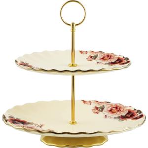 fanquare 2 Tier Vintage Porcelain Cupcake Stand, White High Tea Stand with Gold Trim, Floral Dessert Stand for Birthday Party, Wedding