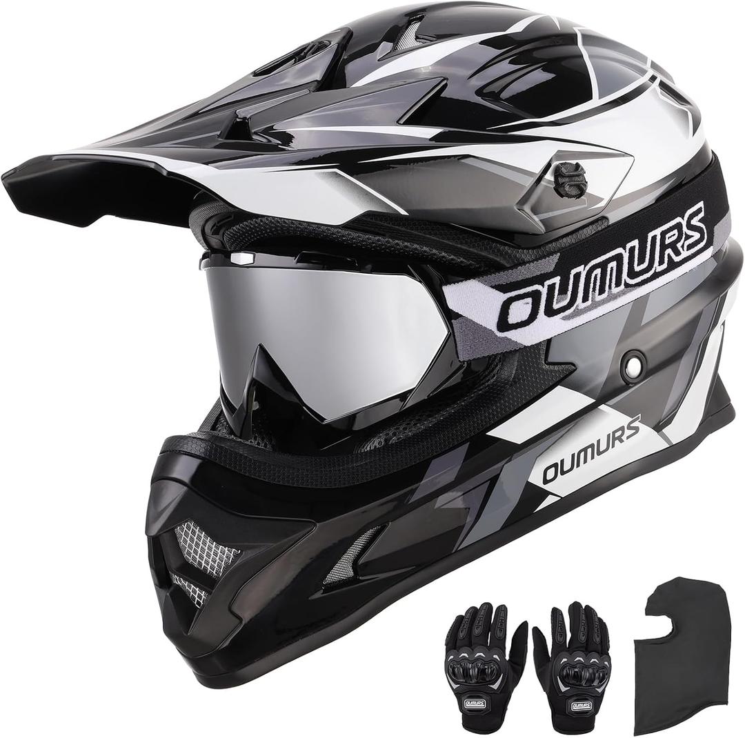 OUMURS DOT Adult ATV Dirt Bike Helmet with Goggles Gloves & Mask Adjustable Sun Visor Motorcycle Adults Helmet Off-Road Motocross Downhill Moped MX for Unisex-Adult-Victory Gray, L
