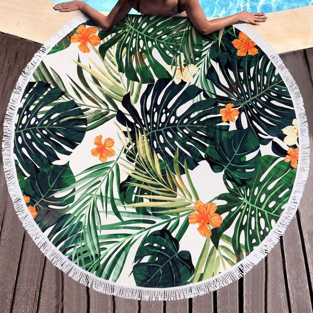 Benefeet Sox Tropical Print Beach Towel Round Microfiber Bohemian Boho Round Hawaiian Beach Blanket Oversized Sand Proof Absorbent Circle Swim Towels with Tassels Gifts for Women, 59 Inches Palm Tree
