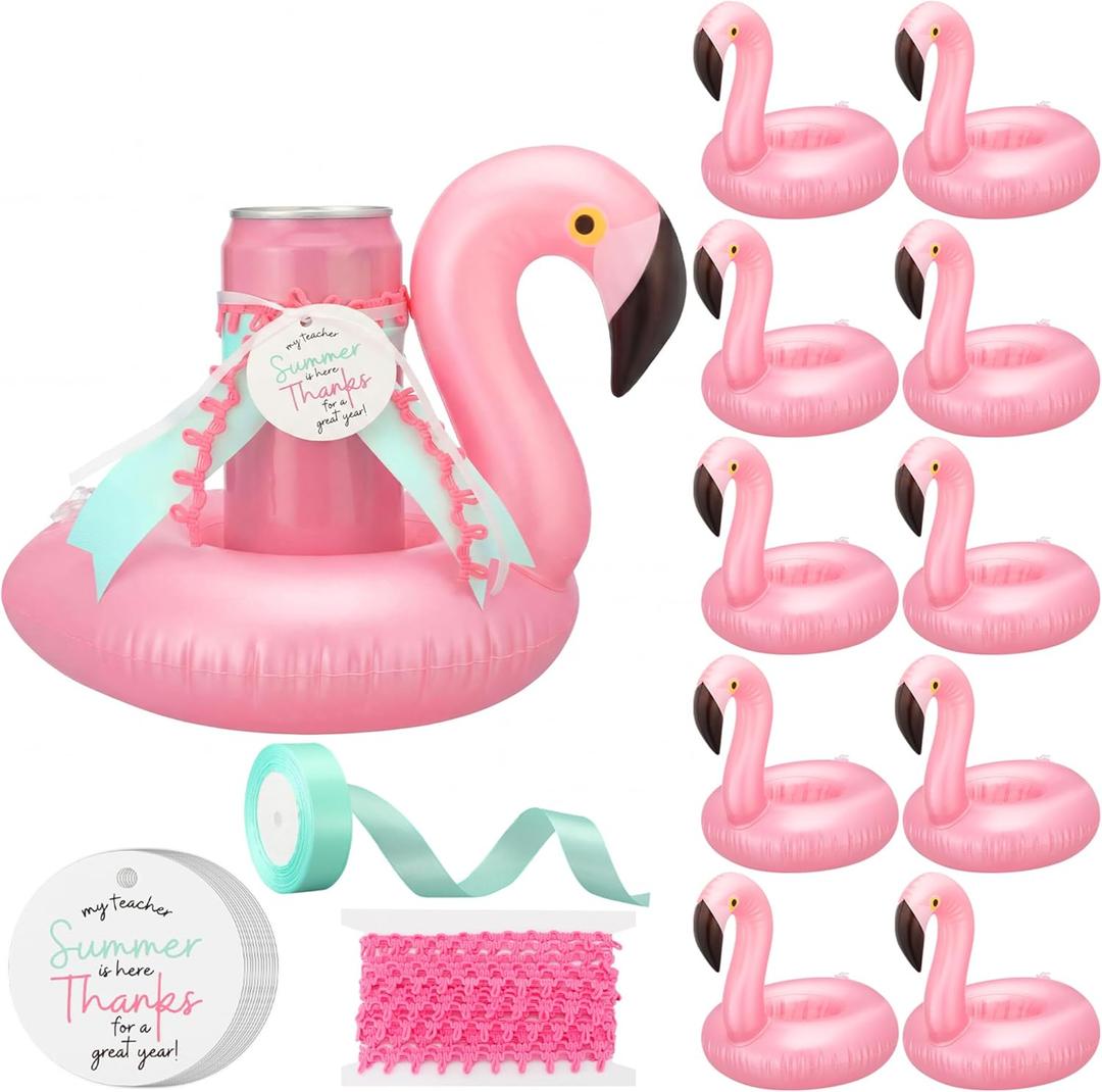 24 Set Flamingo Teacher Appreciation Gifts Bulk End of Year Thank You Gift Set for Women Flamingo Inflatable Drink Holders with Appreciation Tags, Ribbon, and Trim Summer Party Favors