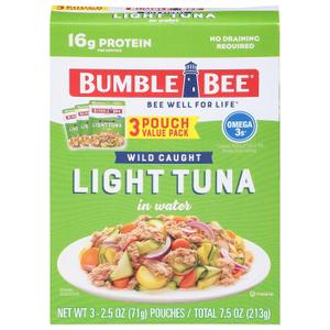 Bumble Bee Chunk Light Tuna in Water, 2.5 oz Pouches (Pack of 3) - Ready to Eat Wild Caught Skipjack Tuna Packet - 16g Protein per Serving - MSC Sustainable Seafood, Non-GMO, Gluten Free, Kosher (EXP 12/10/26)