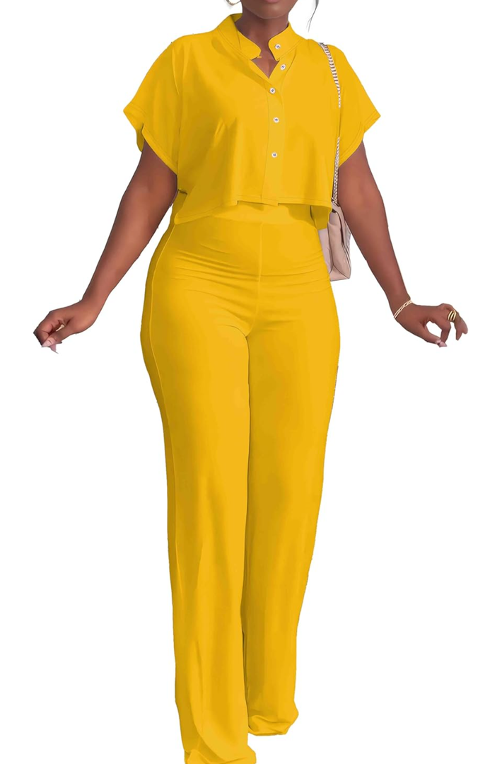 HBQ Women's Summer 2 Piece Outfits Casual Tracksuit Short Sleeve Button Down Crop Top Wide Leg Long Pant Lounge Sets L