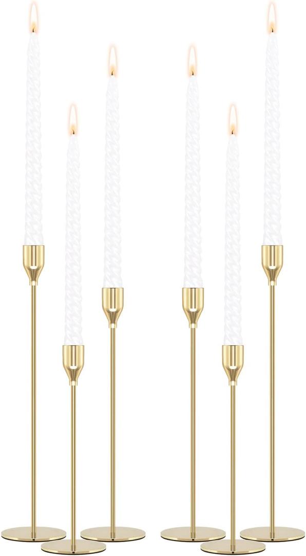 Gold Candle Holders Candlestick Holders for Taper Candles, Set of 6 Modern Decorative Candle Sticks Long Holder for Table Centerpiece, Wedding, Dinning, Party (Candles are not Included)