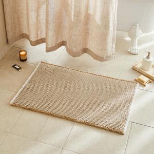 TYUU Waffle Bath Mat, Boho Bathroom Rugs Non Slip Washable Super Absorbent Quick Dry Bath Mat Farmhouse Bathroom Decor, 36"x24" Khaki and White