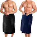 Tudomro 2 Pcs Men's Bath Wrap Towel X-Large Shower Adjustable Terry Body Spa Towel with Pocket After Shower Wrap for Men Gift Spa College Bath Dorm Room Gym (Black, Navy Blue)