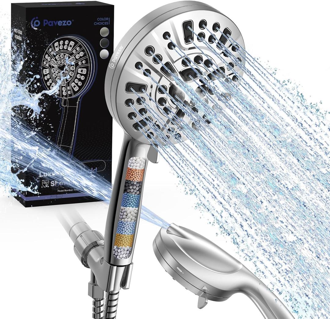 Pavezo High Pressure Shower Head Handheld 5" Large, Extra Long 60" SS Hose 10-mode Portable Detachable Shower Head with Hard Water Filter for Bathroom, Anti-clog & Powerful to Clean Tile & Pets (Premium Chrome)