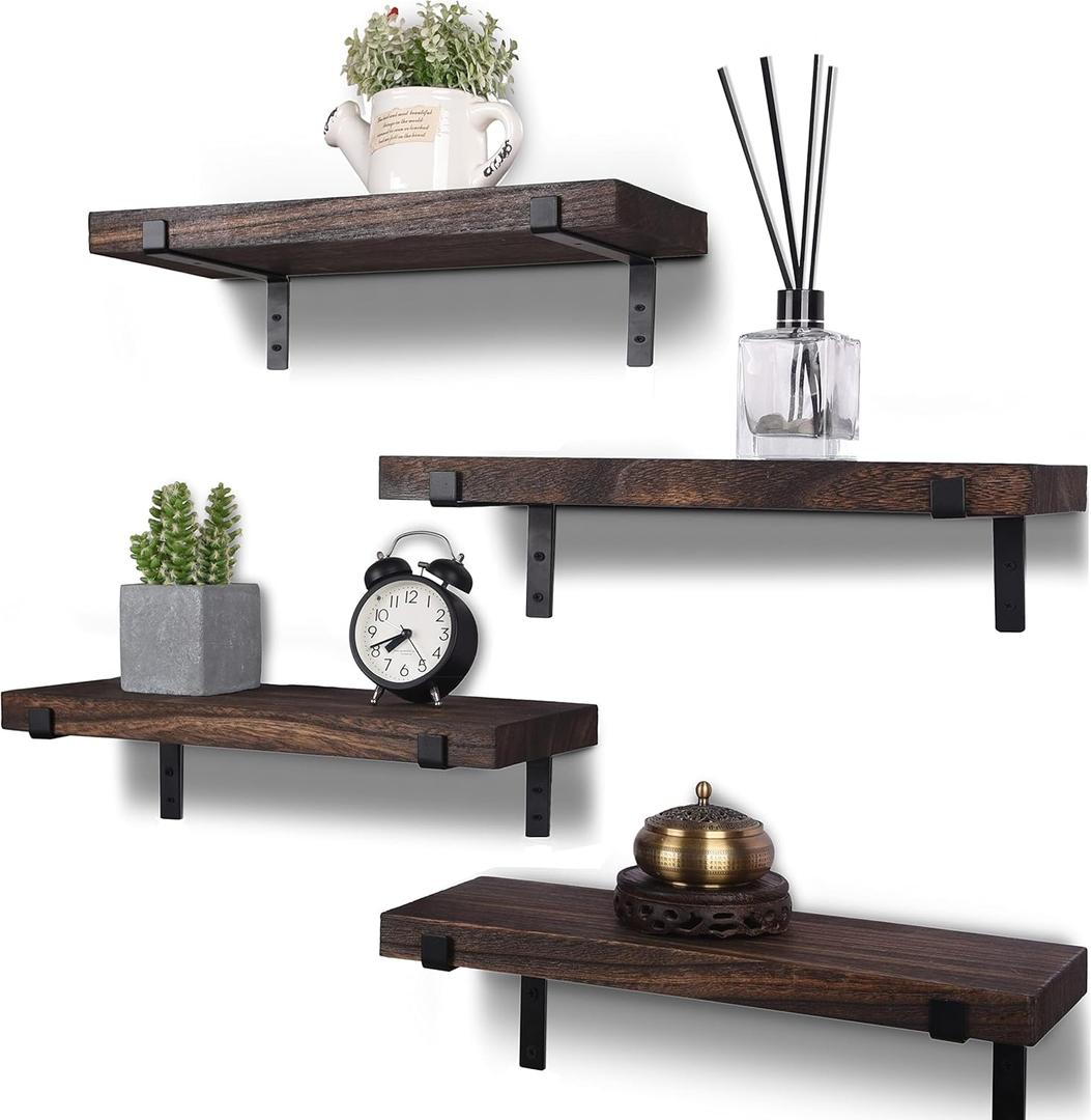 Rustic Wood Floating Shelves for Wall Decor Farmhouse Wooden Wall Shelf for Bathroom Kitchen Bedroom Living Room Set of 4 Dark Brown (17inch)