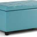 SIMPLIHOME Cosmopolitan 34 inch Wide Transitional Rectangle Storage Ottoman in Soft Blue Vegan Faux Leather, Assembled, For the Living Room, Entryway and Family Room