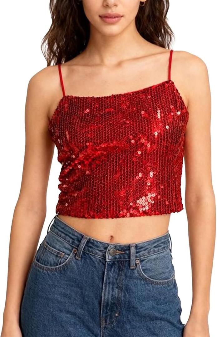 Sequin Cami Top Square Neck Sparkly Tank Top Sleeveless Party Camisole Shirts (XL)
