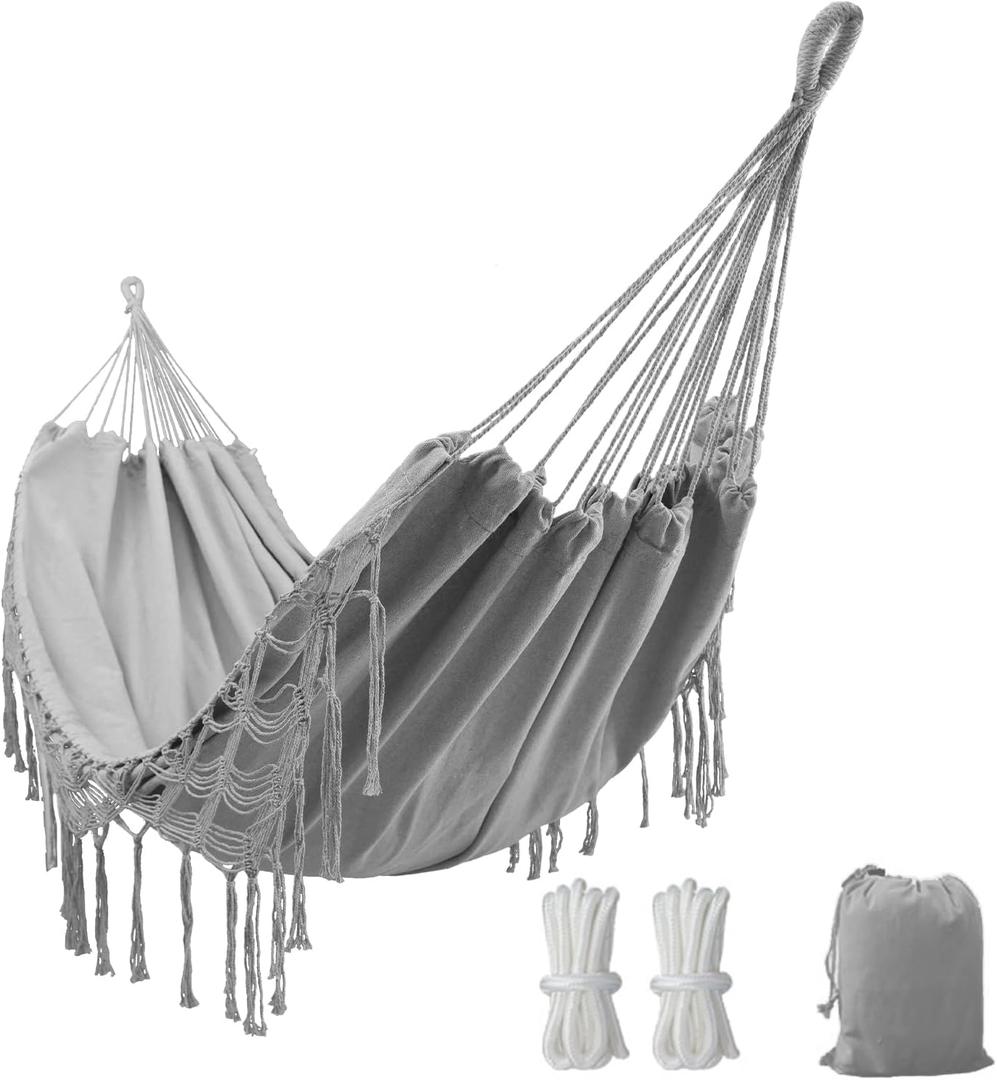 Double Boho Macrame Hammock with Elegant Tassels for Patio, Yard, Beach Wedding Decor, Outdoor and Indoor Up to 450lbs Include Tie Ropes and Drawstring Bag (Grey)