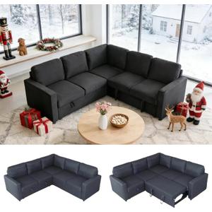 Sectional Sleeper Sofa with Pull Out Bed, L Shaped Pull Out Couch with Storage Chaise, 5 Seats Convertible Couch Bed for Apartment, Living Room, Black