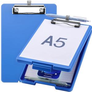 Meiikun Small Clipboard with Storage, A5 Clipboards with Pen Holder, Half Letter Clip Boards 6x9 Mini Plastic Clipboard with Low Profile Clip for Classroom, School, Office Supplies (Blue)