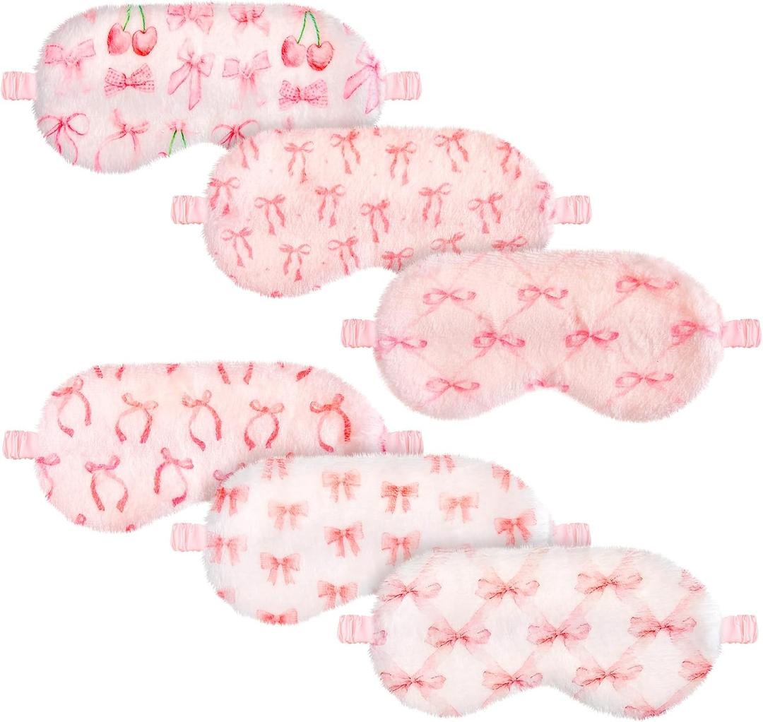 Cuffbow 6 Pack Plush Sleep Mask Set, Cute Plush Eye Masks for Sleeping, Soft Comfortable Travel Nap Blindfold, Sleepover Party Favors for Women (Bow, Pink)